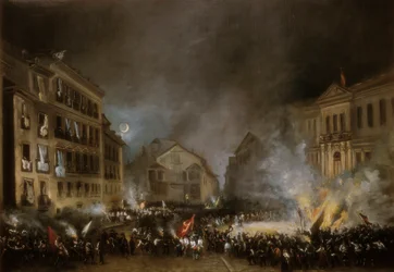 Vuoden 1854 vallankumouksen jakso Madridin Puerta del Solissa. Eugenio LUCAS VELAZQUEZin maalaus