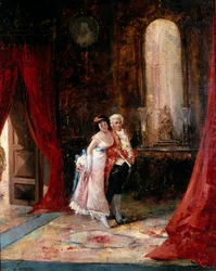 Luottamus. Tyylikäs nuori nainen palvelijan käsivarrella lähestyy katseessa, joka on sekoitus uteliaisuutta ja huolta. Eugenio Lucas Villamilin (1858-1918) maalaus. Öljy kankaalle. Yksityiskokoelma.