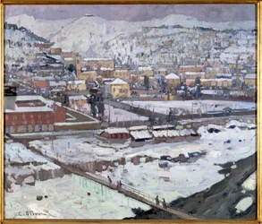 Näkymä geeneistä lumen alla, Italia (Genova näkymä lumen alla, Italia) Eugenio Olivarin (1882-1917) maalaus, koko 73x85 cm Genes, Galleria d