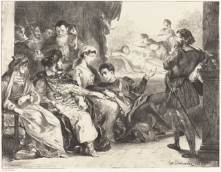Pelaajat esittävät Hamletin isän myrkytyksen, näytös III, kohtaus II, 1835.