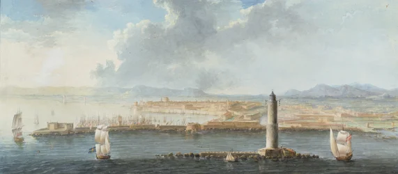 Näkymä satamaan mereltä, luultavasti Livorno (kynä, ruskea muste ja guassi)