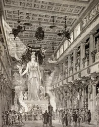 Taiteilijan näkemys jumalatar Athenen patsaasta Ateenan Parthenonissa klassisella kaudella, teoksesta "El Mundo Ilustrado", julkaistu Barcelonassa, 1880