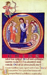 Historioitu alkuperäiskappale, joka kuvaa Neitsyen kuolemaa, tuntemattomasta käsikirjoituksesta, 1100-1300-luku