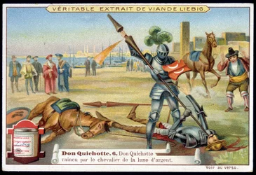 Liebigin kromolitografia: Don Quijote: Sarja "Don Quijote", nro 6: Don Quijote hopeisen kuun ritarin kukistamana: Sarja "Don Quijote", nro 6: Don Quijote hopeisen kuun ritarin kukistamana.