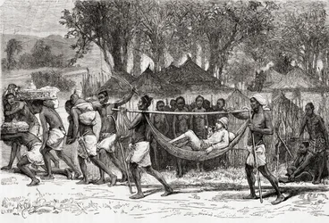 Verney Lovett Cameron saapuu Oulondan kylään Afrikassa, 1878 (puukaiverrus)