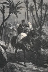 Cervantes ratsastaa naisen kanssa keitaassa