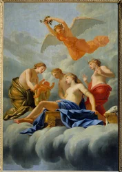 Rakkauden syntymä. Venus synnyttää Cupidoksen. Maalaus Eustache Le Sueurin (1617-1655) työpajasta, 1600-luku. Mitat: 1,82 x 1,25 m.