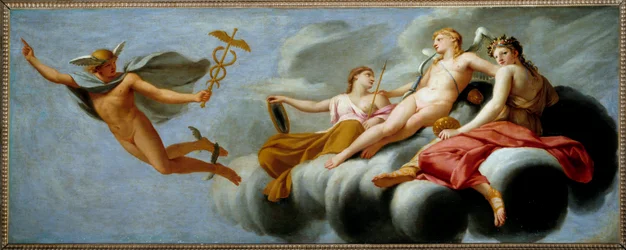 Amor käskee Merkuriusta julistamaan hänen valtaansa maailmankaikkeudelle. Hermes on laskenut tunnuksensa käsistään. 1646, 1 x 2,5 m
