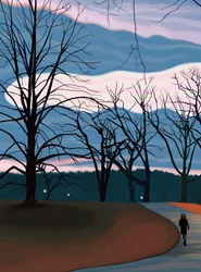 Mies harjoittelee Prospect Parkissa auringonnousun aikaan Twilight (digitaalista taidetta).(digital art)
