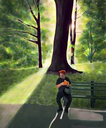 Mies lukee puistossa, Brooklyn (digitaalista taidetta)