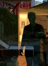 Mies heijastuu ikkunasta aamunkoitteessa, Brooklyn (digitaalista taidetta)