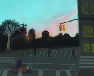 Oranssi skootteri, Grand Army Plaza, Brooklyn, 2016 (käsin piirretty iPadilla ja Apple-kynällä).