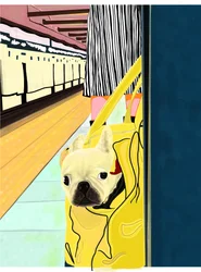 Metromatkustaja koiran kanssa laukussa, Brooklyn (digitaalista taidetta)