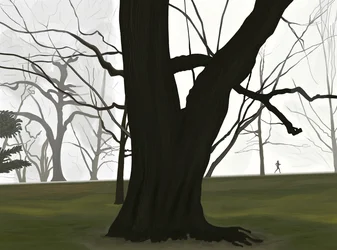 Puu ja lenkkeilijä. Varhainen aamu. Prospect park (digitaalista taidetta)