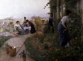 Kesäinen iltapäivä, Liege, Belgia. Kesäinen iltapäivä Liegessä. Jotkut naiset juovat terassilla teetä. Yksi heistä poimii kukkia. Evariste Carpentierin (1845-1922, Belgia) maalaus Yksityiskokoelma.