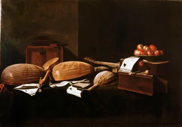 Asetelma Peches ja soittimet. Evaristo Baschenisin (1617-1677) maalaus 1600-luvun Bergamo, yksityinen kokoelma