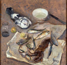 Asetelma Kala ja kyyhkynen. Evasio Montanellan (1878-1940) maalaus 1937 Su. 62x64 cm Genes Nervi, Galleria by Arte Moderna, inv. 0433