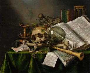 Vanitas - asetelma, jossa on kirjoja ja pääkalloja