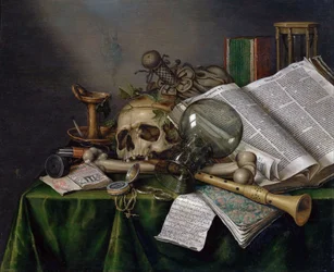 Vanitas - asetelma, jossa on kirjoja, käsikirjoituksia ja pääkallo