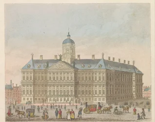 Kuninkaallinen palatsi Dam-aukiolla, noin 1810-1813 Vue du Palais Roijal, et de la Place le Dam (otsikko esineessä)