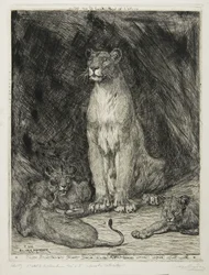 Lioness istuu ja kolme pentua, 1888