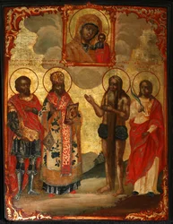 Valitut pyhät Kazanin Neitsyt Marian ikonin edessä, 1700-luvun loppu.