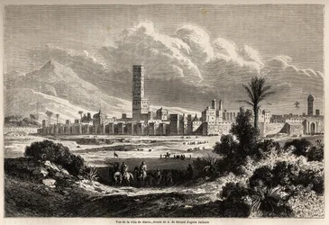 Näkymä Marrakechin kaupungista (entinen Marokko), Auguste de Berardin (1824-1881) piirustus havainnollistamaan Mr.F. Schicklerin matka Marokkoon vuonna 1860. Kaiverrus "" Le tour du monde, nouveau journal des voyages" Paris