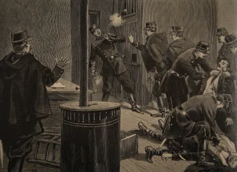 Etievant, anarkisti ampuu arinasta, kuvitus julkaisusta "Le Petit Journal: Supplement illustre", 30. tammikuuta 1898