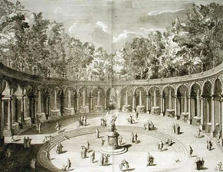 Pylväikkö, Versailles, teoksesta "Les Plans, Profils et Elevations des Ville et Chateau de Versailles", kaivertanut Gerard Jean-Baptiste Scotin (1671-1716), julkaistu noin 1715 (kaiverrus)