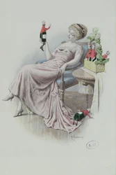Postikortti naisesta, jolla on miehen muotoisia samppanjapulloja, n. 1900 (värilitho)