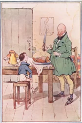 David ruokasi herra MiCawberin kanssa vankilassa, kuva David Copperfieldistä, 1914