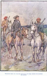 Saattueessa oli ratsastavia patriootteja punaisissa lippiksissä, musketeilla ja sapelilla aseistettuina...