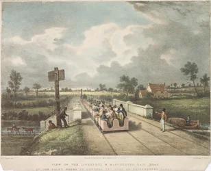 Näkymä Liverpoolin ja Manchesterin rautatielle kohdassa, jossa se ylittää Duke of Bridgewatersin kanavan, kaiverrus A.B. Clayton, 1831