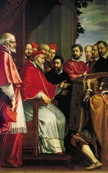 Michelangelo esittelee paavi Julius III:lle Giulia-kadulla sijaitsevan Rotan hovin rakennuksen pienoismallia.