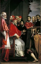 Michelangelo esittelee paavi Julius III:lle mallia Rotan hovista Giulia-kadulla