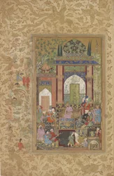 Babur vastaanottaa hovimiehen, irrotettu folio Zahir-al-Din Muhammad Baburin kirjoittamasta Baburnama (Tuzuk-i Baburi) -teoksesta, noin 1580-85 (wc, muste ja kulta paperilla).