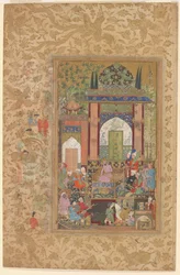 Babur vastaanottaa hovimiehen, noin 1580-85 (vesiväri ja kulta paperille).