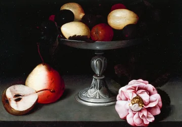Luumujen, päärynöiden ja ruusun teline, noin 1602, kirjoittanut Fede Galizia (1578-1630)