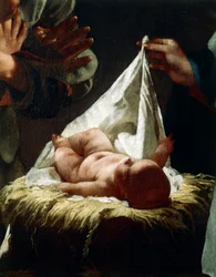 Federico Bencovichin (1677-1753) paimenten palvonta, öljy paneelille, 233x166 cm, yksityiskohta