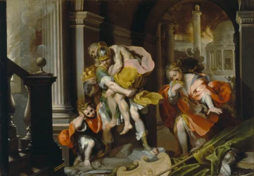 Aeneas ja Anchises pakenevat Troijasta, n. 1587 (kynä & mustetta ja öljyä valkoisella korosteella)