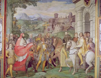Kaarle V (1500-58) ja Alessandro Farnese (1546-92) Wormsissa Sala dei Fasti Farnesen loisteliaiden salista, 1557-66 (ks. 95812).