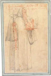 Fra Stefano, Vallombrosan kamaldoliittien prokuraattori, pyhä Romuald, pitelemässä kirkon mallia ja rukousrukousta, 1577