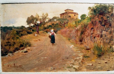 Maanviljelijä kadulla, n. 1900, kirjoittanut Federico Andreotti (1847-1930), öljy levylle, 9x15 cm, Italia