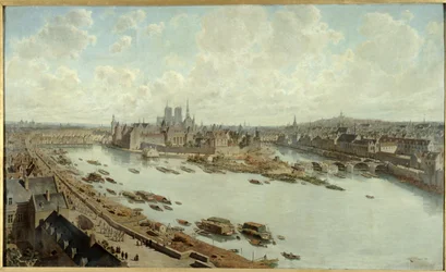 Panoraamanäkymä Pariisista vuonna 1588 Louvren katoilta, Pont-Neuf on rakenteilla.