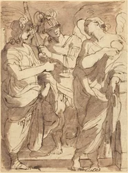 Allegory of Justice (kynä ja ruskea muste, violetinruskeaa pesua mustalla liidulla, vokkipaperilla).