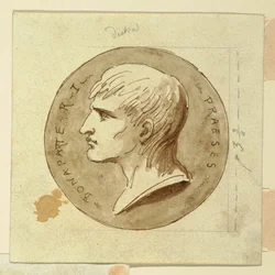 Piirros, Napoleon Bonaparten mitali Italian tasavallan presidenttinä, kääntöpuolella; Hebe antaa kuolemattomuuden Herkuleksen vaununkuljettajalle, 1802-04.