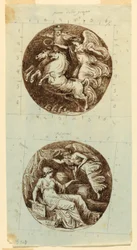 Piirros, Siivekäs voitto vaunuilla; Siivekäs voitto kruunaa Minervan; kaksi pyörökaiverrusta, n. 1805.
