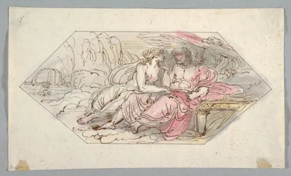 Piirros, Jupiter lohduttaa rukoilevaa jumalatarta, luultavasti Venusta, 1796-98.
