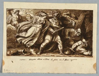 Arkki luonnoskirjasta: Minerva käskee Ulysseksen tekemään rauhan Penelopen kosijoiden kanssa (Minerva indusoi Ulisse alla pace con i Procin)