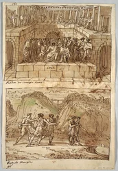 Luonnoskirjasivu, Folio 98: Kaksi maalausta Caravaggion ja Raphaelin jälkeen; Verso: Eagle and Ox